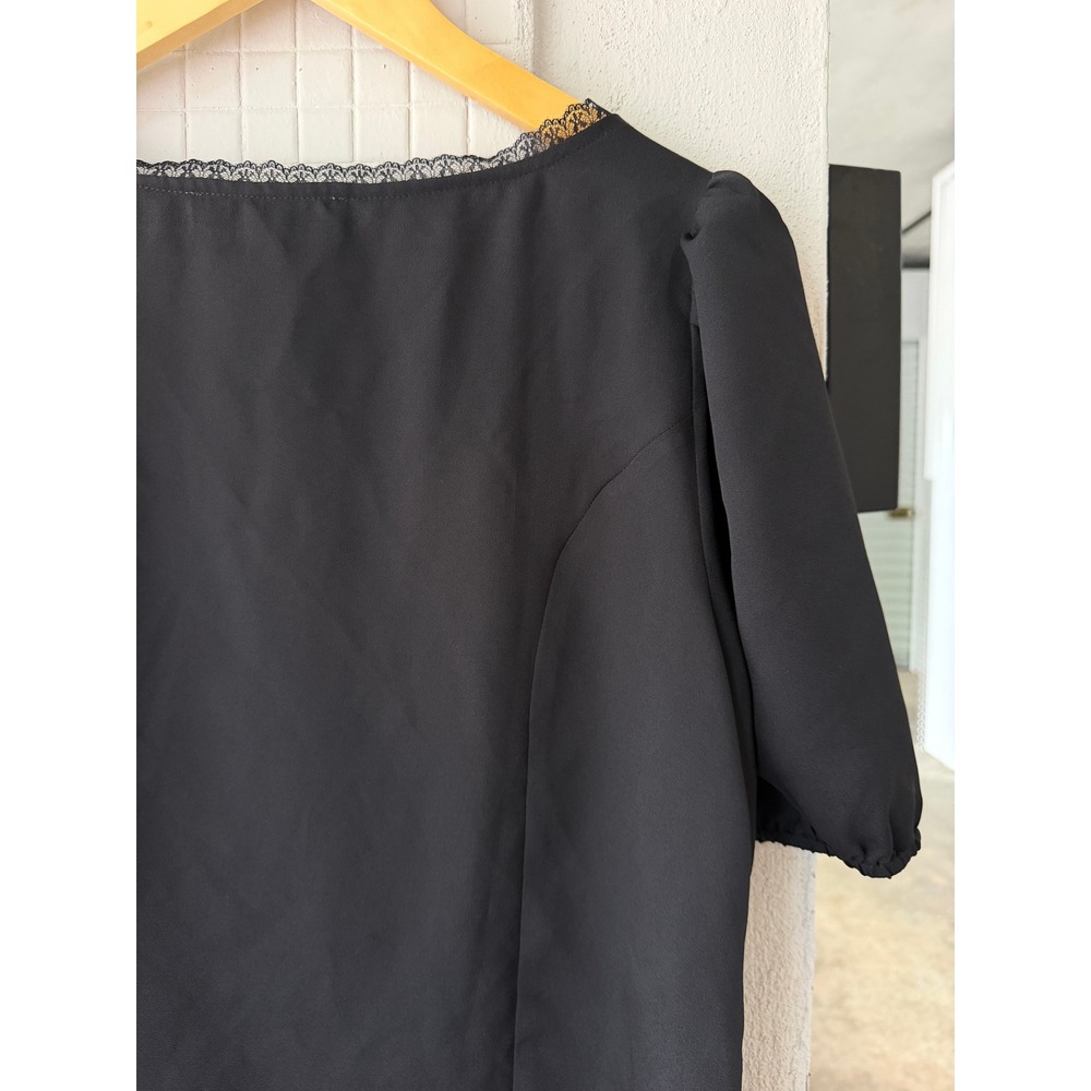 LOFT Black Lace-Trim Puff Sleeve Button Front Top - Picture 7 of 9